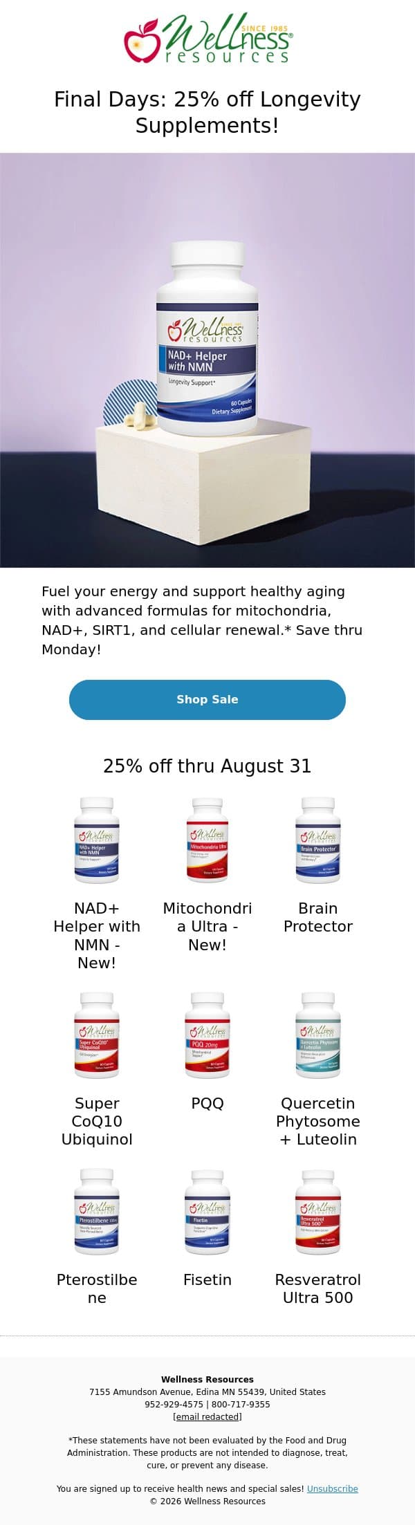 Final Days: 25% off Longevity Supplements! email from Wellness Resources screenshot