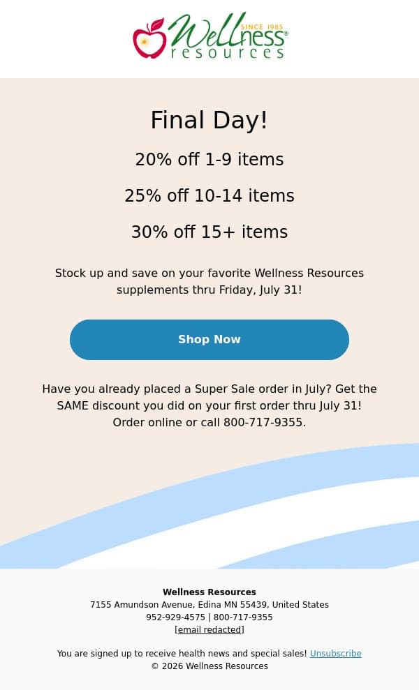 Final Day of Super Sale! email from Wellness Resources screenshot