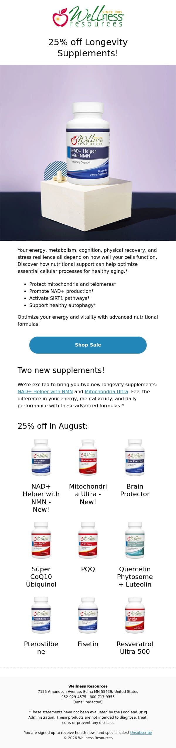 25% off Longevity Supplements! email from Wellness Resources screenshot