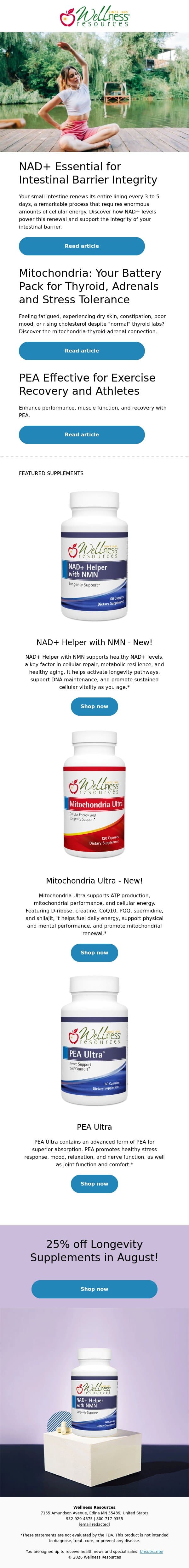 NAD+ Essential for Intestinal Barrier Integrity email from Wellness Resources screenshot