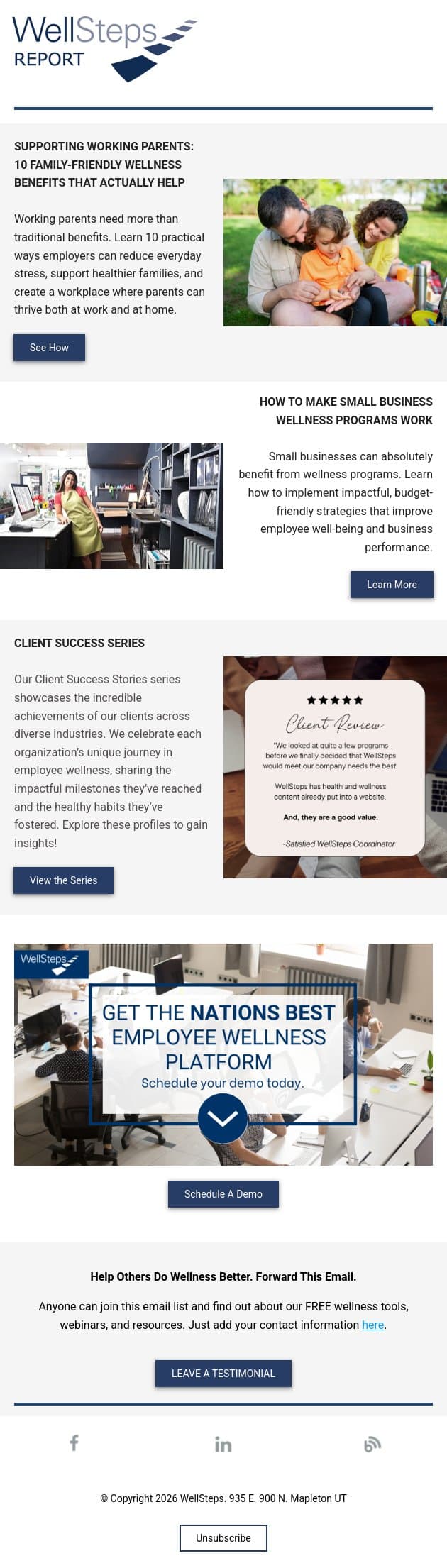 Supporting Working Parents: 10 Family-Friendly Wellness Benefits That Actually Help email from WellSteps screenshot
