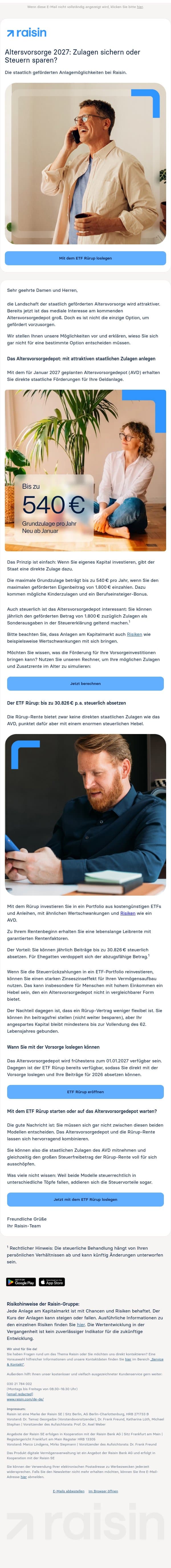 Altersvorsorge 2027: Zulagen sichern oder Steuern sparen? email from Weltsparen screenshot