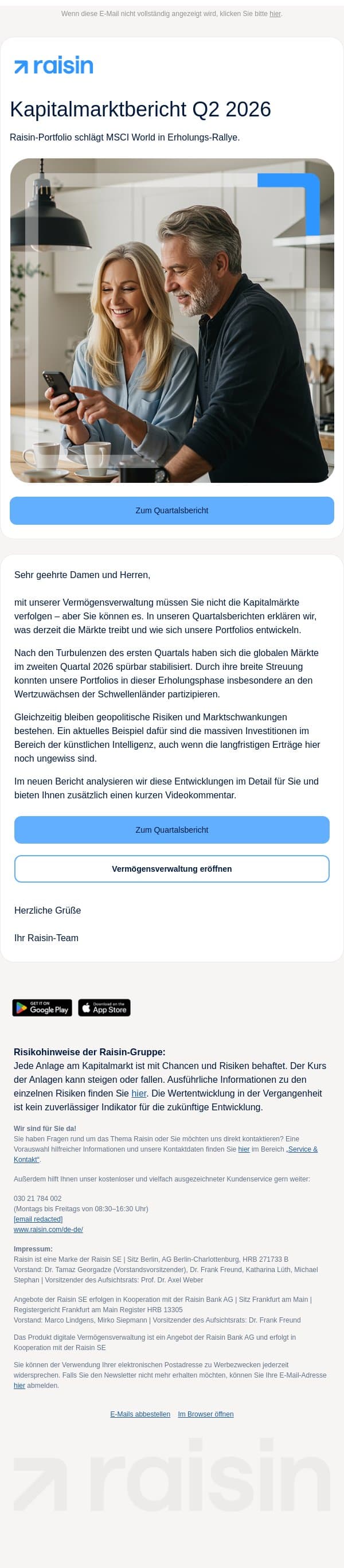 Quartalsbericht: Raisin-Portfolio schlägt MSCI World in Erholungs-Rallye email from Weltsparen screenshot