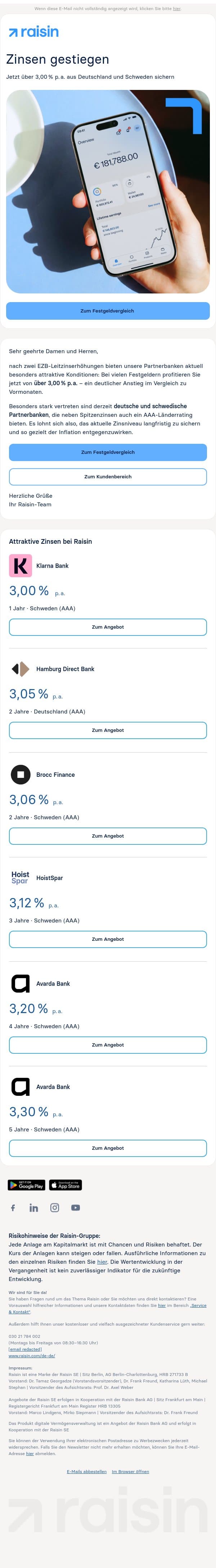 Über 3,00 % p. a. bei ausgewählten Partnerbanken email from Weltsparen screenshot