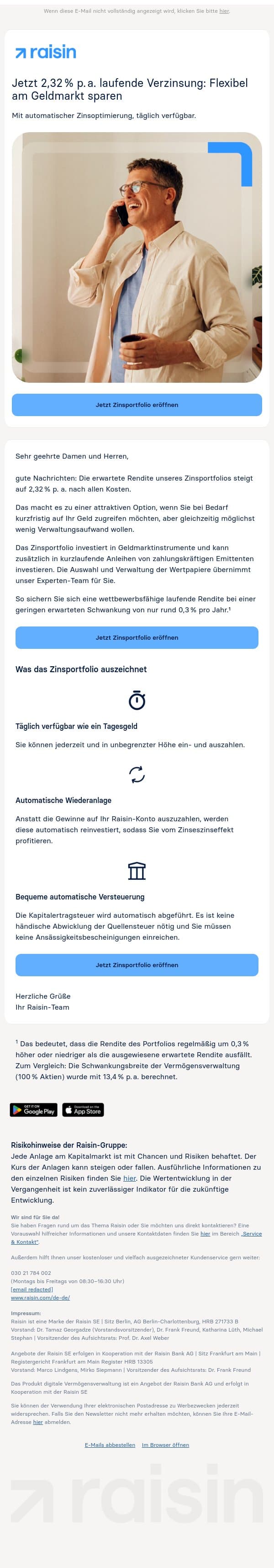 Jetzt 2,32 % p. a. laufende Verzinsung: Flexibel am Geldmarkt sparen email from Weltsparen screenshot