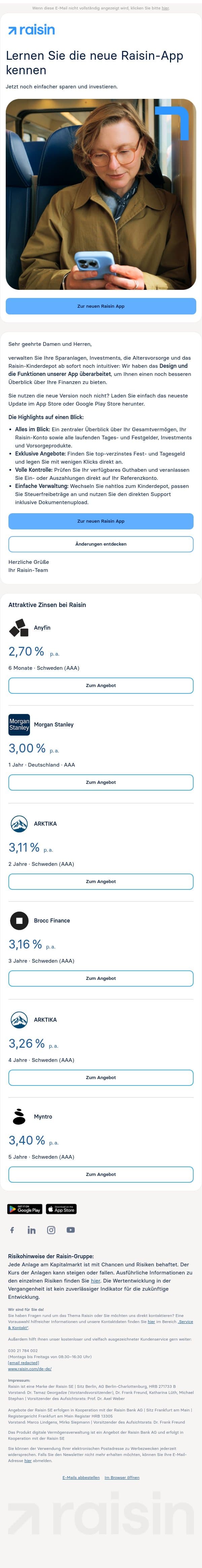Neue Raisin-App verfügbar email from Weltsparen screenshot