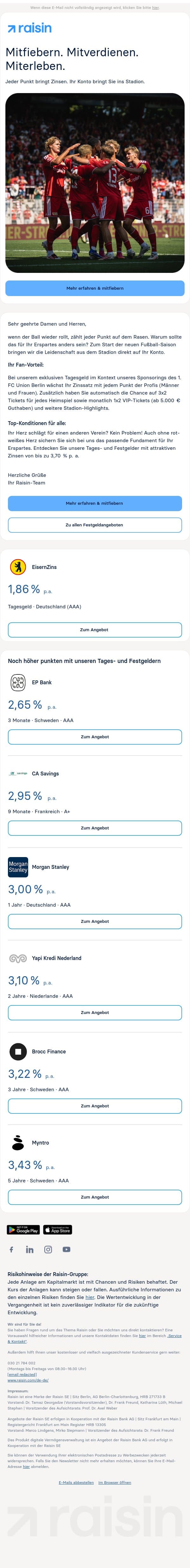 Punkt für Punkt mehr Zinsen sichern email from Weltsparen screenshot