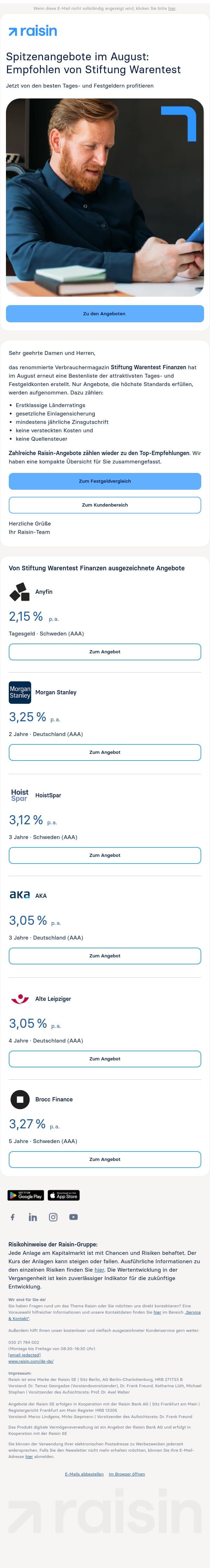 Spitzenangebote im August: Empfohlen von Stiftung Warentest email from Weltsparen screenshot
