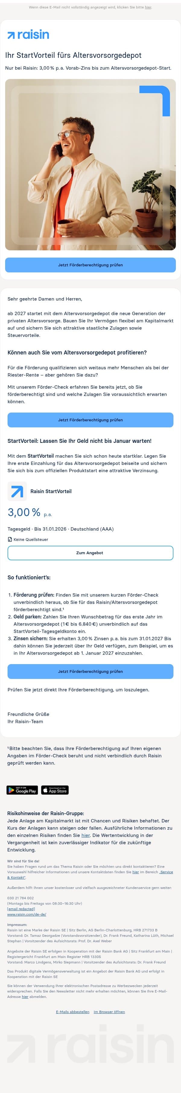 3,00 % Zinsen p. a.: Ihr StartVorteil fürs Altersvorsorgedepot email from Weltsparen screenshot