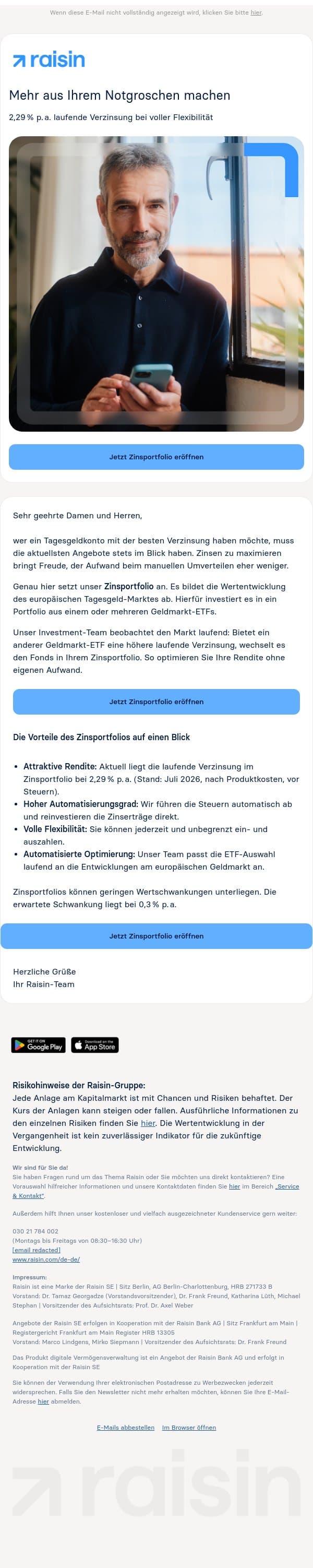 2,29 % p. a. laufende Verzinsung bei voller Flexibilität email from Weltsparen screenshot