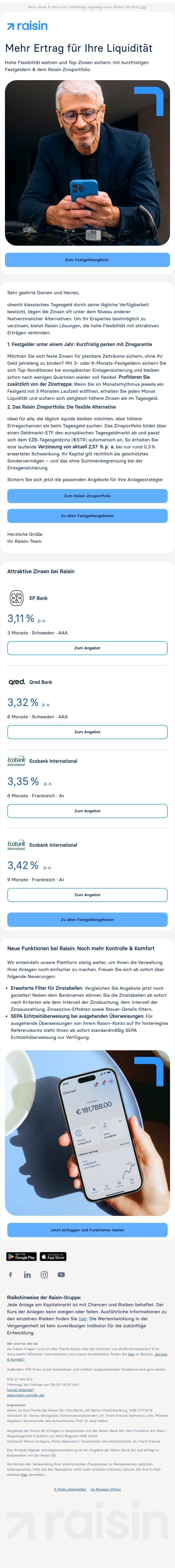 Mehr Ertrag für Ihre Liquidität: Attraktive Alternativen zum klassischen Tagesgeld email from Weltsparen screenshot