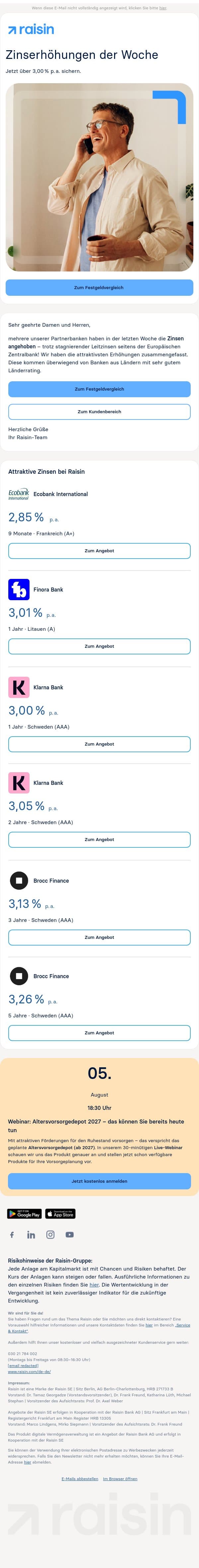 Neu: Zinserhöhungen bei Raisin email from Weltsparen screenshot