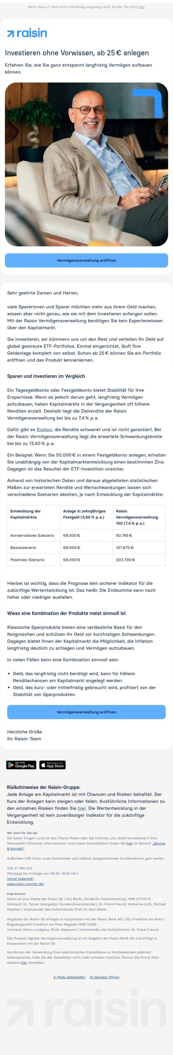 Investieren ohne Vorwissen, ab 25 € anlegen email from Weltsparen screenshot