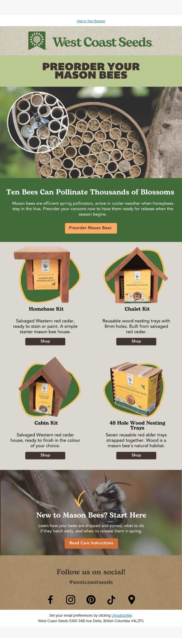 Preorder your mason bees π email from West Coast Seeds screenshot