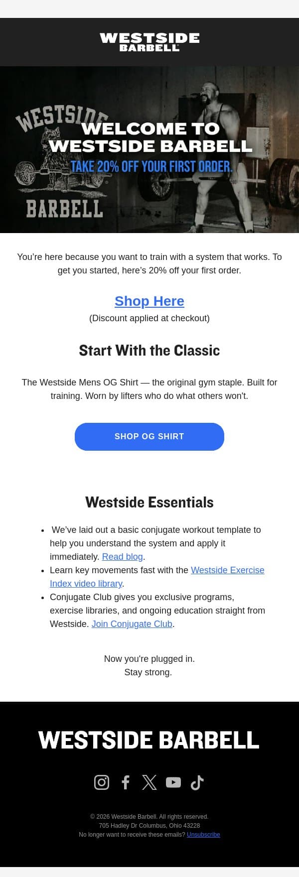 Welcome to Westside Barbell + 20% Off email from Westside Barbell screenshot