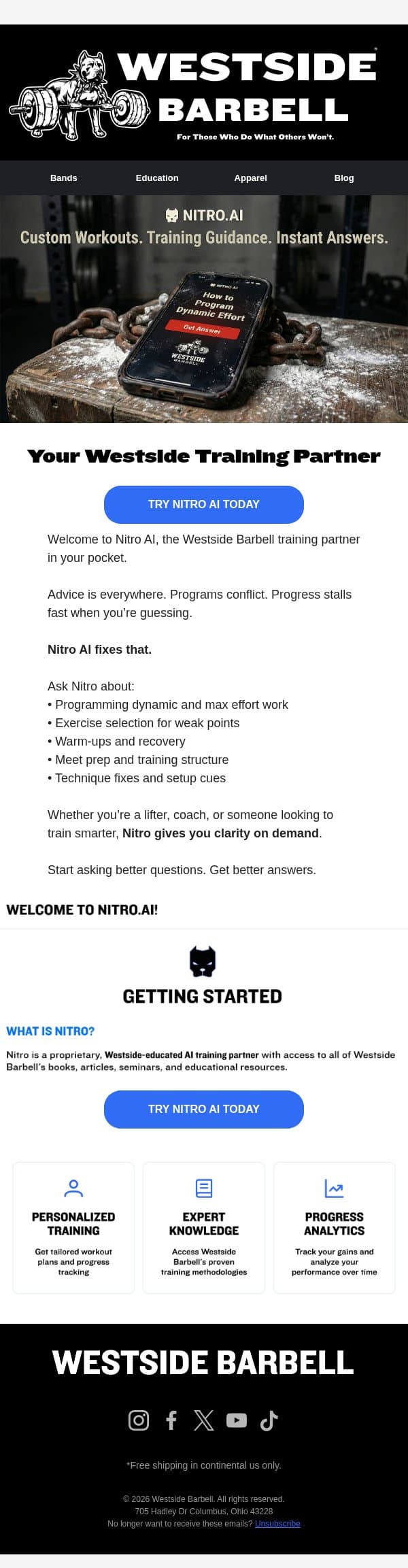 Train Smarter with Nitro AI email from Westside Barbell screenshot