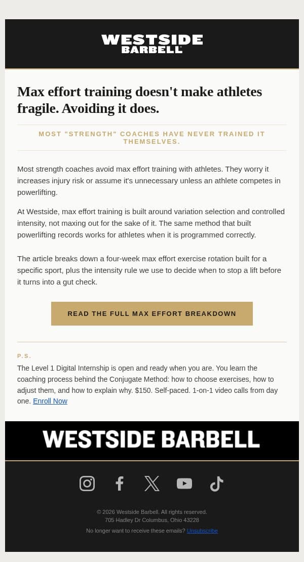 Most coaches are afraid of max effort email from Westside Barbell screenshot