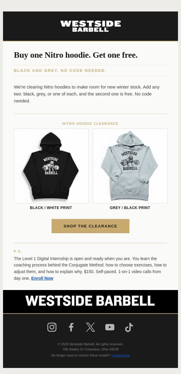 Nitro Hoodie Clearance: Buy One, Get One Free email from Westside Barbell screenshot