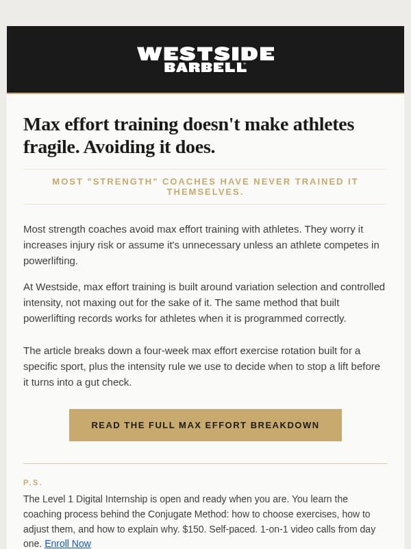 Most coaches are afraid of max effort email from Westside Barbell