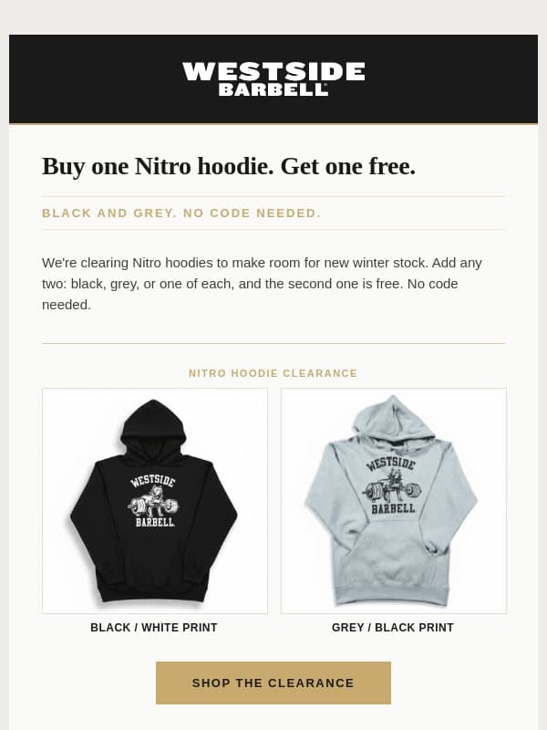 Nitro Hoodie Clearance: Buy One, Get One Free email from Westside Barbell
