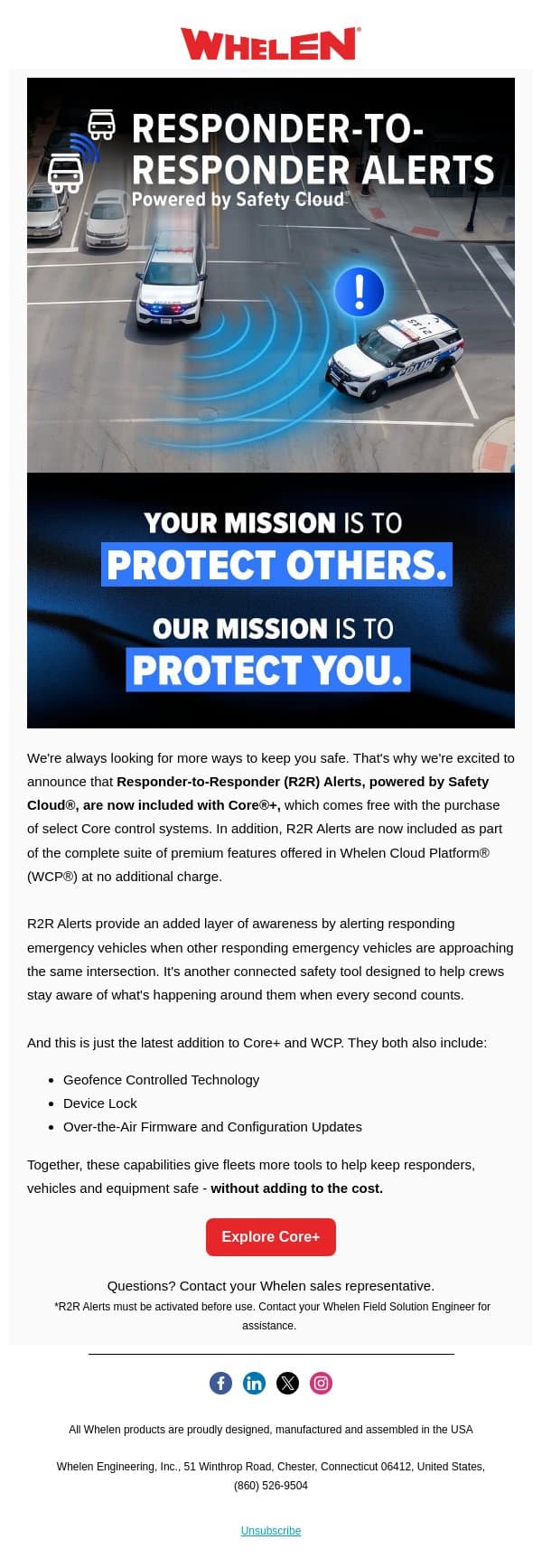 More protection. No additional cost. email from Whelen Engineering screenshot