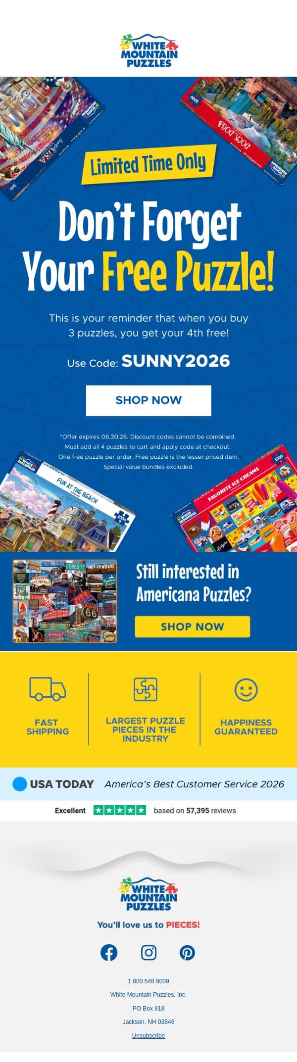 Reminder: Your FREE Puzzle is Waiting! 🚨 email from White Mountain Puzzles screenshot