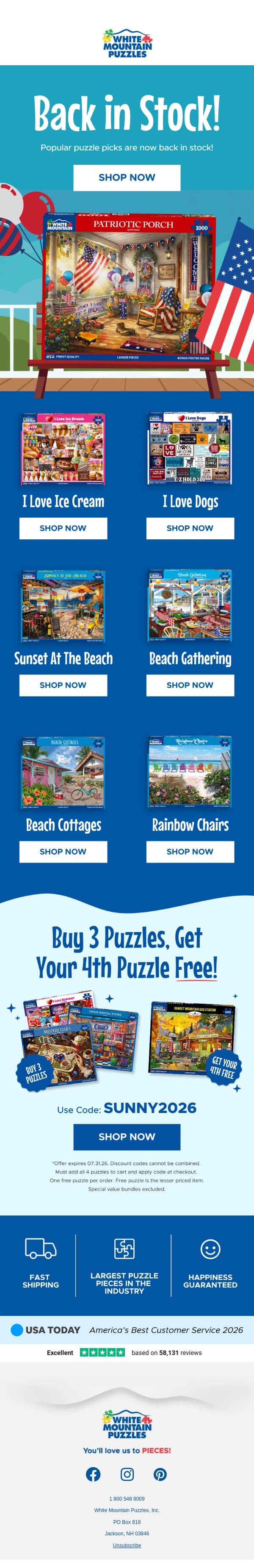Back in Stock: Patriotic Porch & More! πΊπΈ email from White Mountain Puzzles screenshot