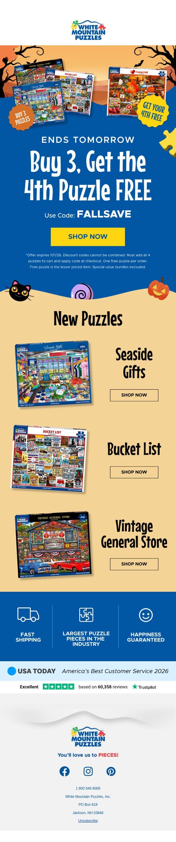 π No Tricks! Buy 3, Get the 4th FREE Ends Tomorrow email from White Mountain Puzzles screenshot