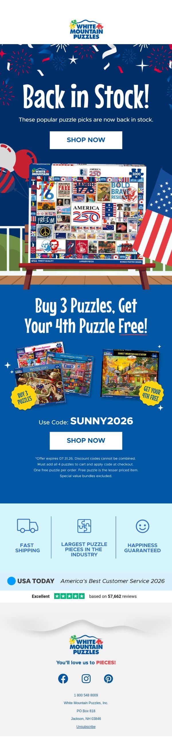 America 250 & More Back in Stock! 🇺🇸 email from White Mountain Puzzles screenshot
