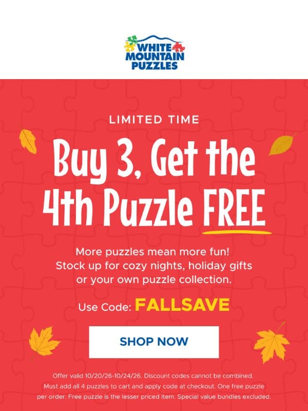 Buy 3 Puzzles, Get the 4th FREE! 🎉 email from White Mountain Puzzles