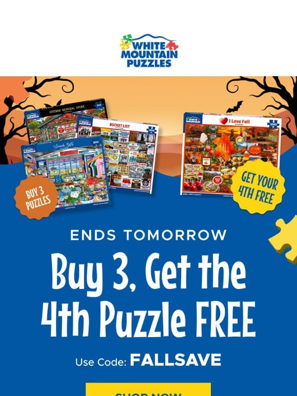 🎃 No Tricks! Buy 3, Get the 4th FREE Ends Tomorrow email from White Mountain Puzzles