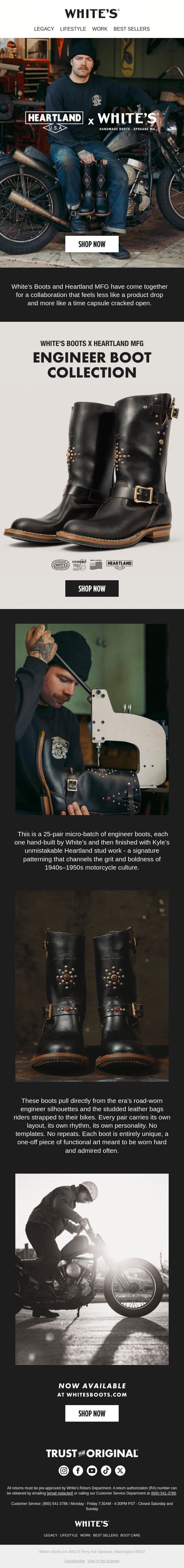 Now Available: White's × Heartland MFG Engineer Boot Collection email from White's Boots screenshot