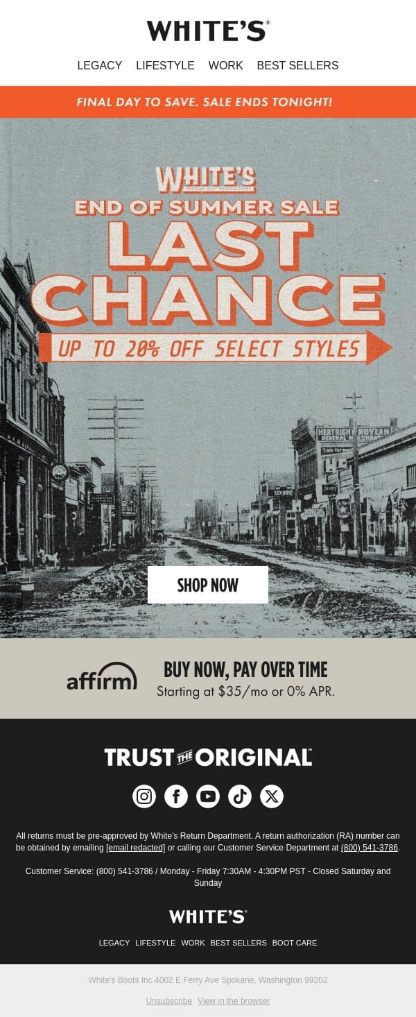 Final Day to Save! email from White's Boots screenshot