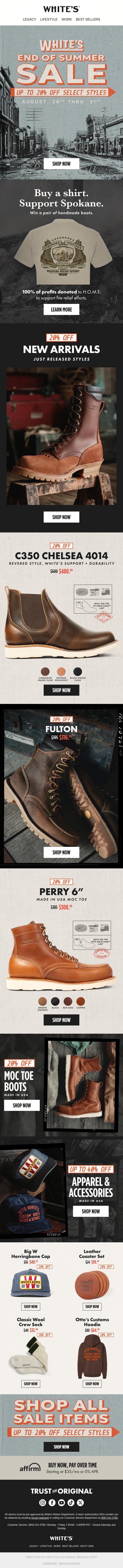 Up To 20% Off Select Styles email from White's Boots screenshot
