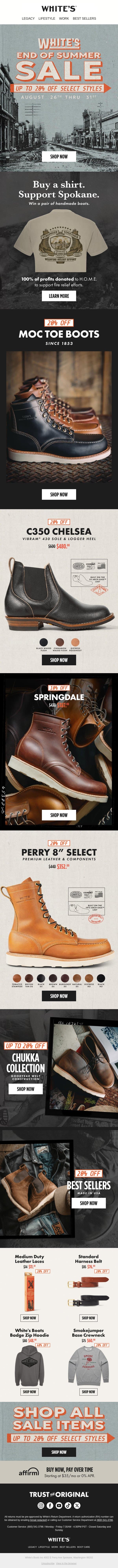 20% Off Best-Selling Styles email from White's Boots screenshot