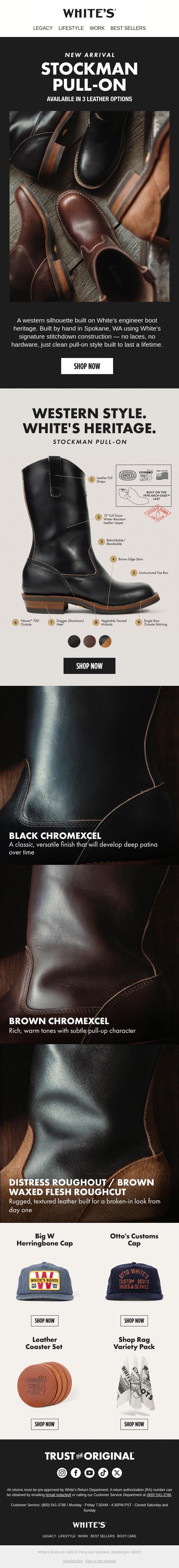 New Arrival: The Stockman Pull-On email from White's Boots screenshot