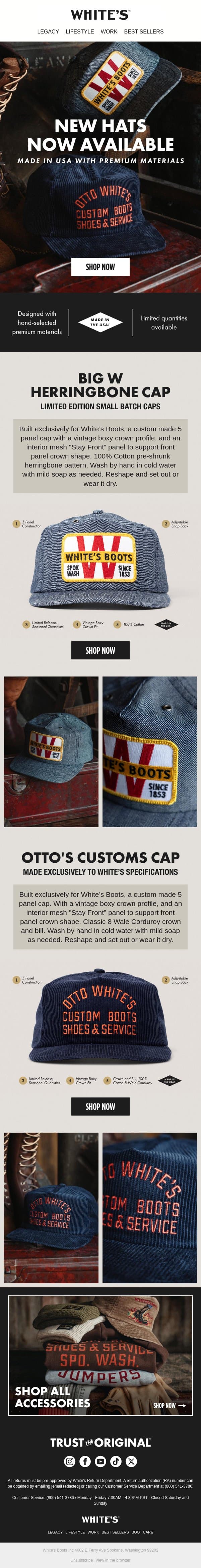 New Hats Now Available! email from White's Boots screenshot