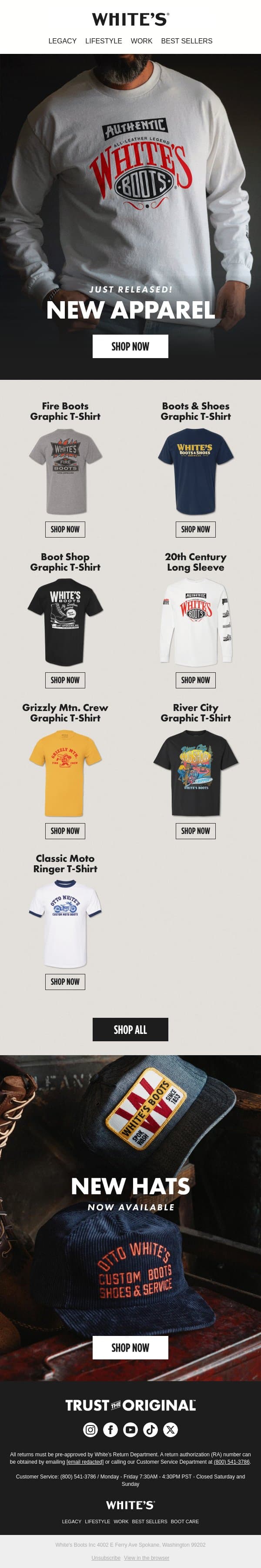 Just Released: New Apparel! email from White's Boots screenshot