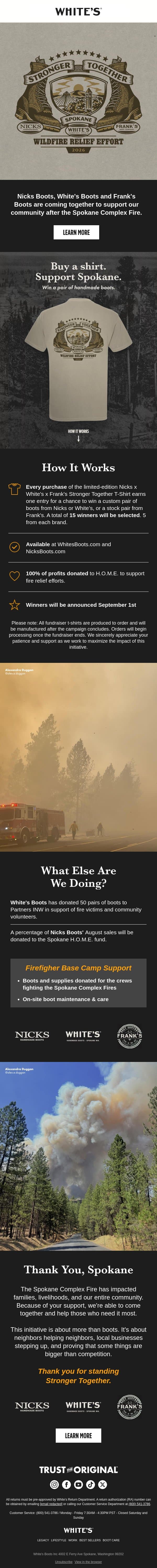 Stronger Together: Support Spokane email from White's Boots screenshot