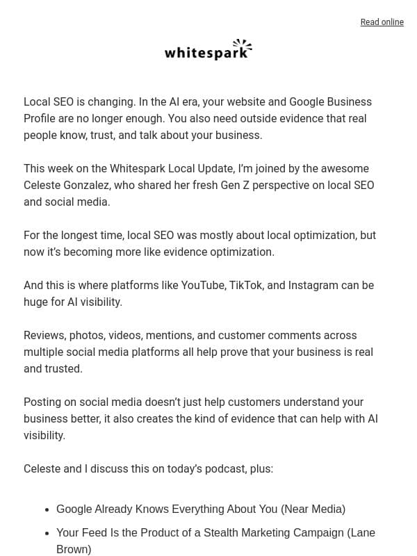 E33: Social Media is 90% Fake, AI Local SEO Playbook, More AI In Maps email from Whitespark