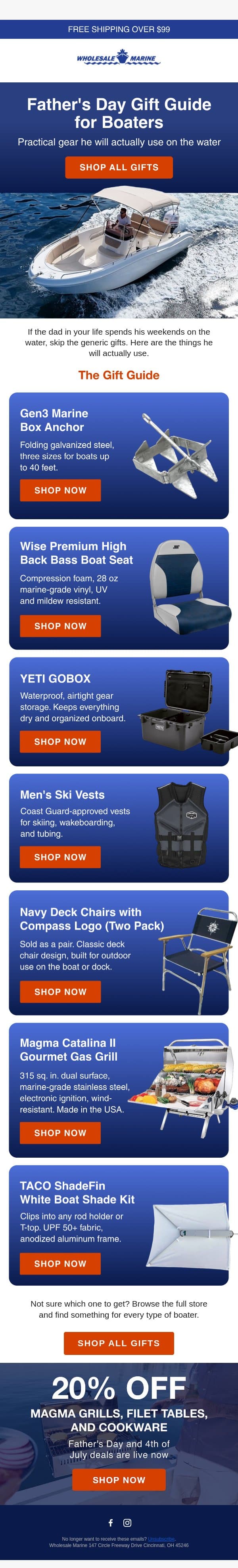 Father's Day Gift Guide for Boaters email from Wholesale Marine screenshot