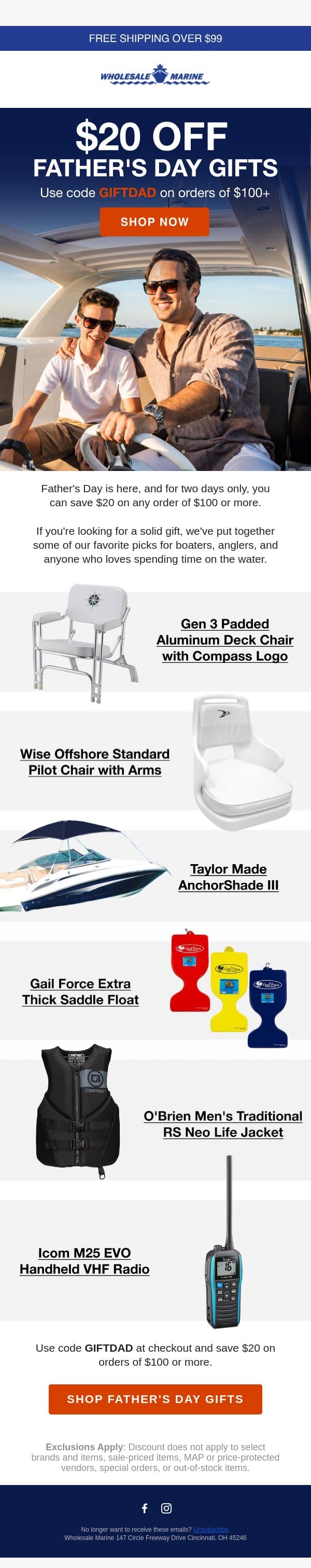 Father's Day Savings Start Now email from Wholesale Marine screenshot
