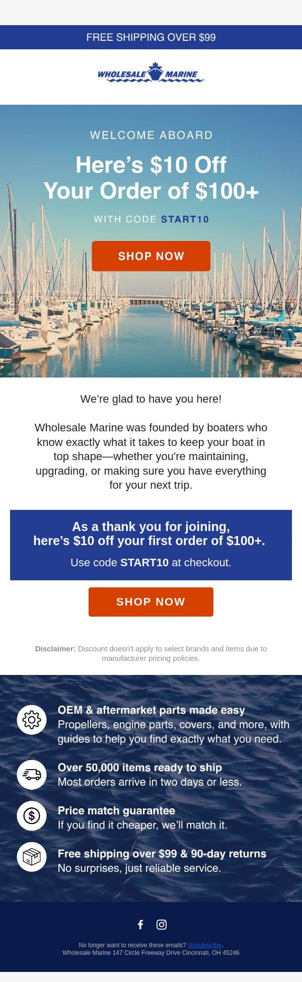 A Special Discount for Fellow Boaters email from Wholesale Marine screenshot