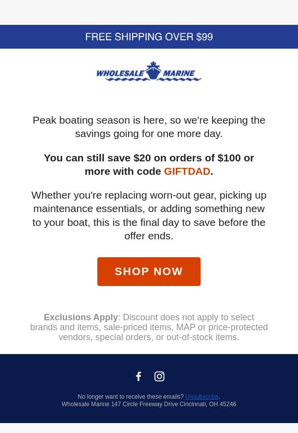 One More Day to Save $20 email from Wholesale Marine screenshot