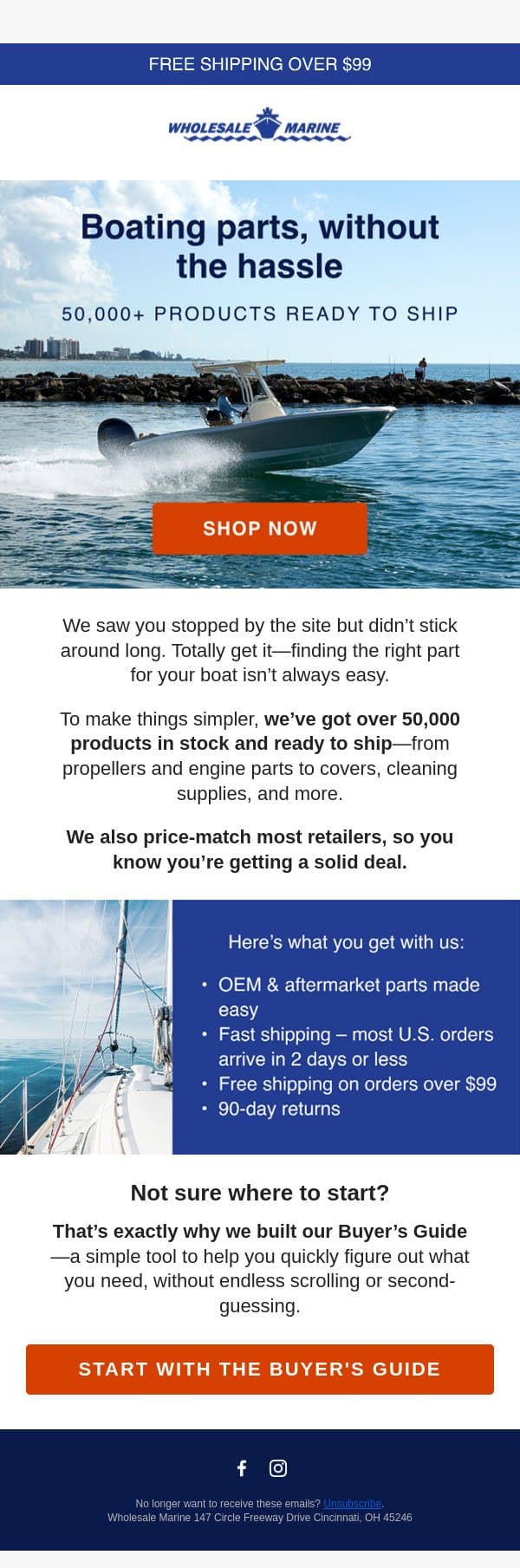 Still looking? 50,000+ parts ready to ship email from Wholesale Marine screenshot