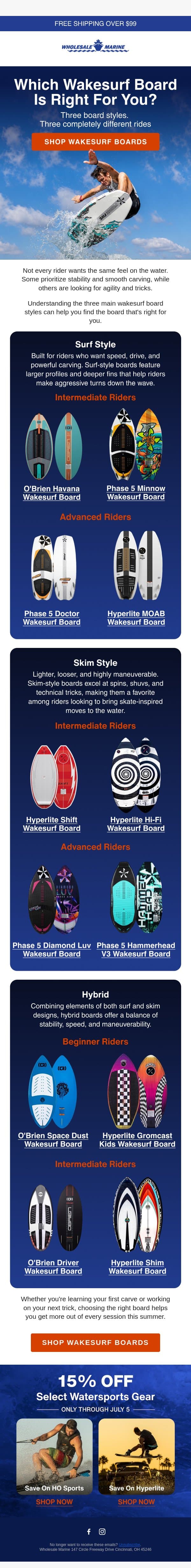Wakesurf Board Styles email from Wholesale Marine screenshot
