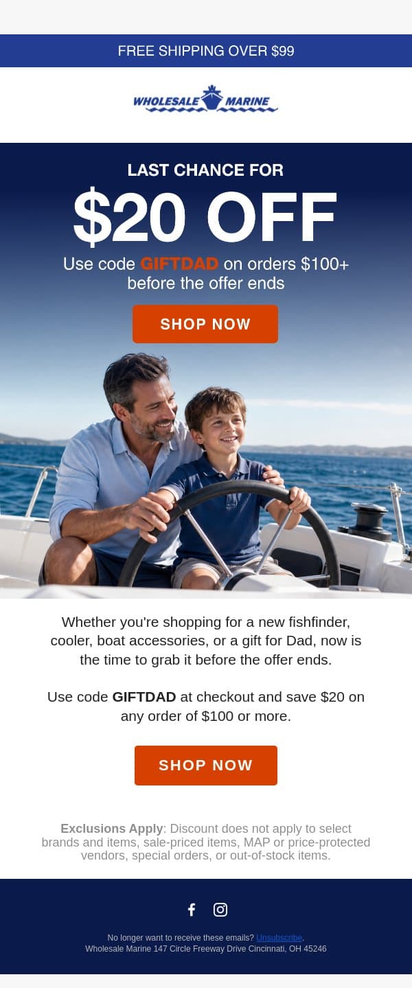 Last Chance for $20 Off email from Wholesale Marine screenshot