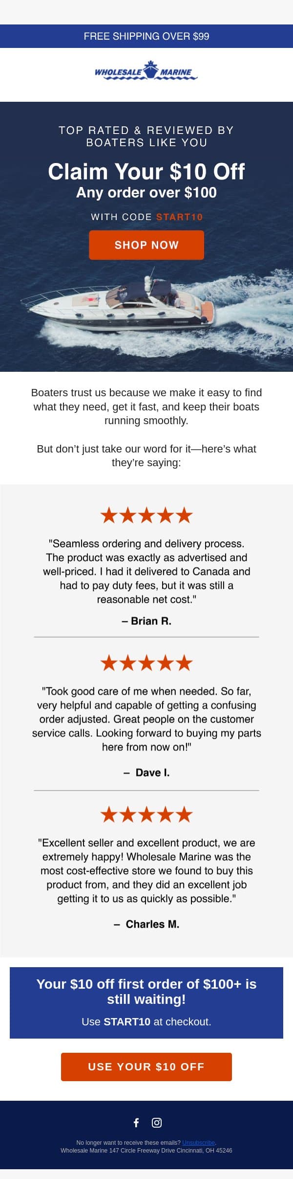 Don’t forget your $10 off email from Wholesale Marine screenshot