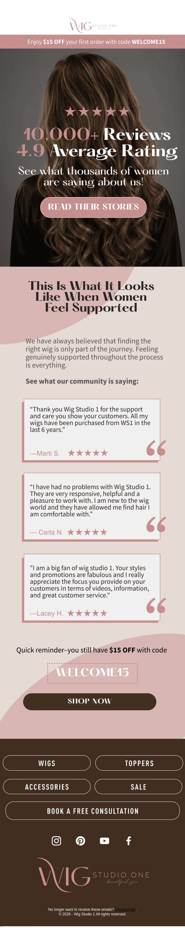 What are 10,000+ happy customers saying about us? email from WigStudio1 screenshot