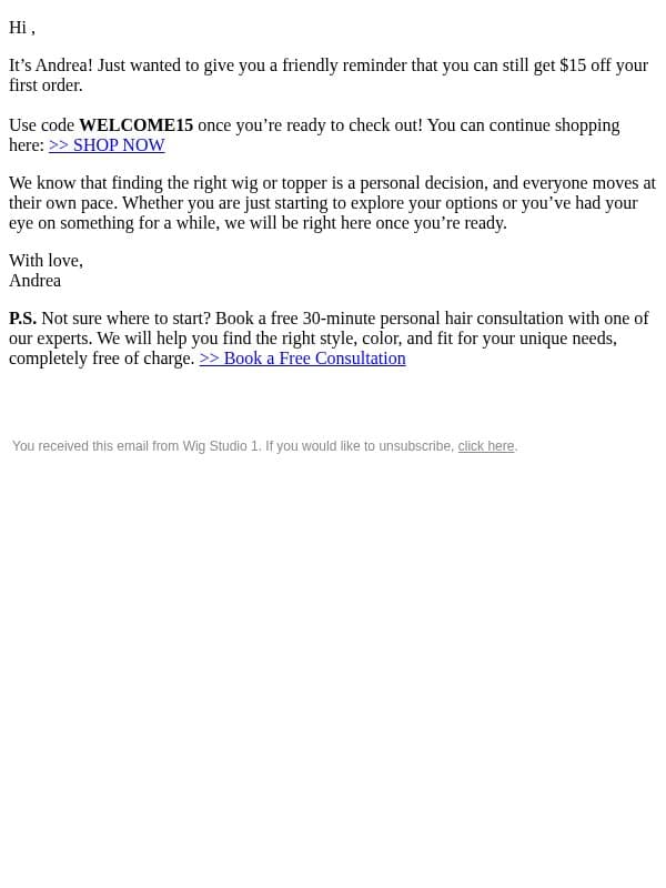 A quick reminder before your discount expires email from WigStudio1